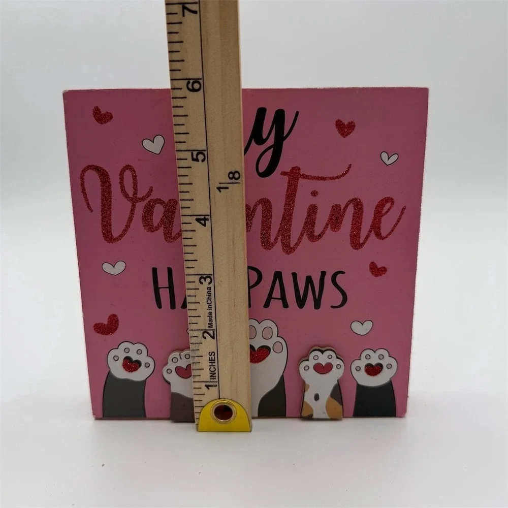 My Valentine Has Paws‎ Block Sign Pink Hearts Paw Prints 6x6 Freestanding